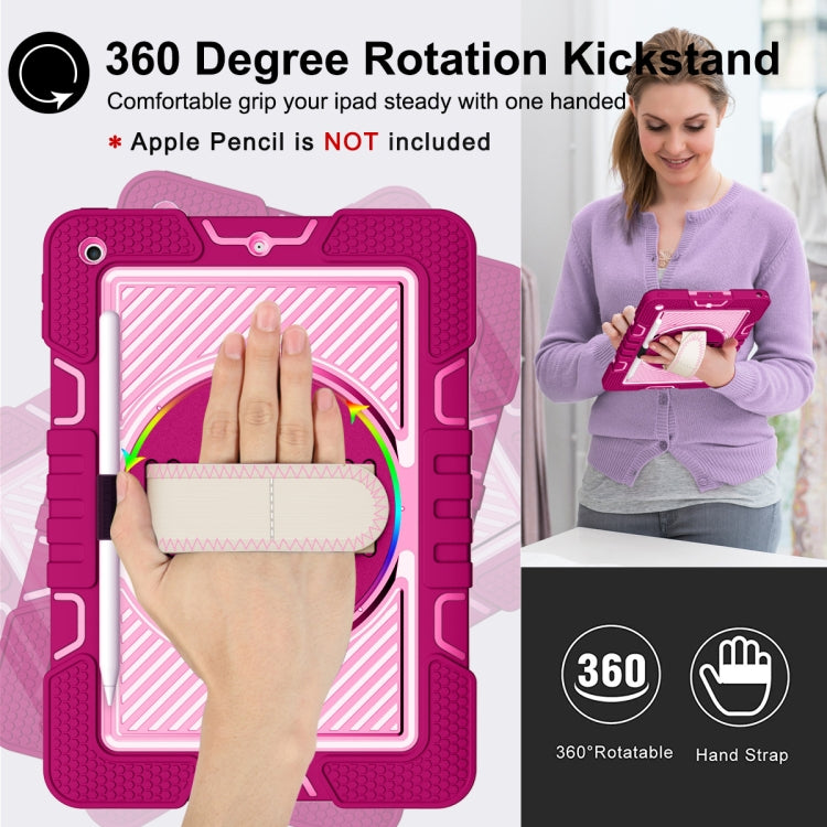 For iPad 10.2 2021 / 2020 / 2019 360 Degree Rotation Contrast Color Shockproof Silicone + PC Case with Holder & Hand Grip Strap & Shoulder Strap