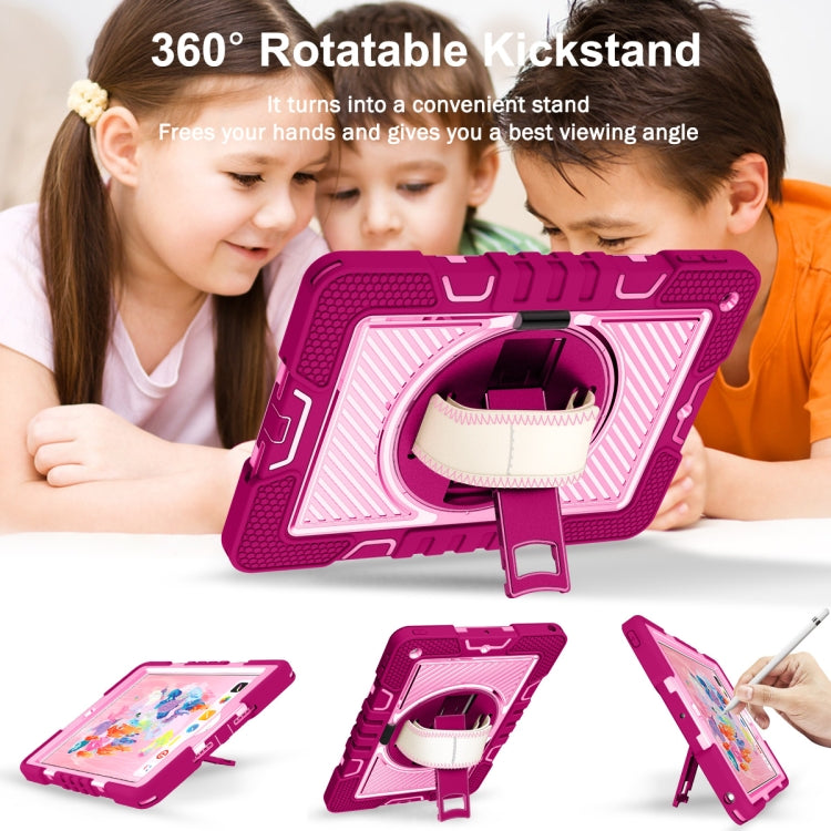 For iPad 10.2 2021 / 2020 / 2019 360 Degree Rotation Contrast Color Shockproof Silicone + PC Case with Holder & Hand Grip Strap & Shoulder Strap