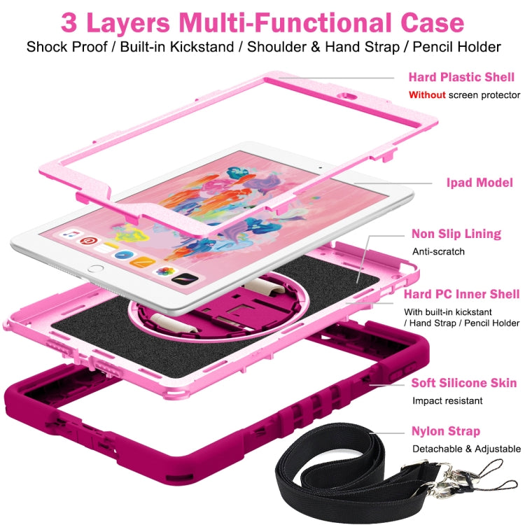 For iPad 10.2 2021 / 2020 / 2019 360 Degree Rotation Contrast Color Shockproof Silicone + PC Case with Holder & Hand Grip Strap & Shoulder Strap