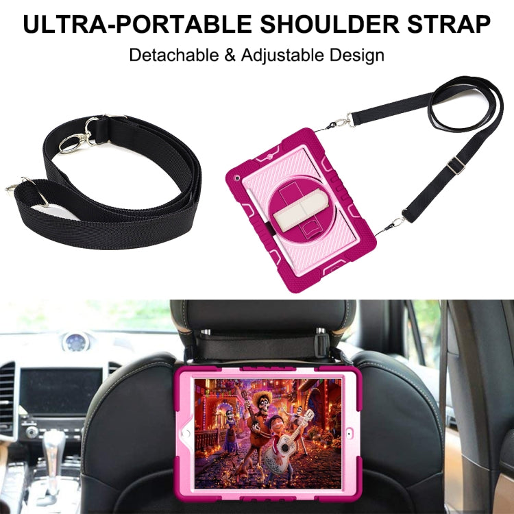 For iPad 10.2 2021 / 2020 / 2019 360 Degree Rotation Contrast Color Shockproof Silicone + PC Case with Holder & Hand Grip Strap & Shoulder Strap