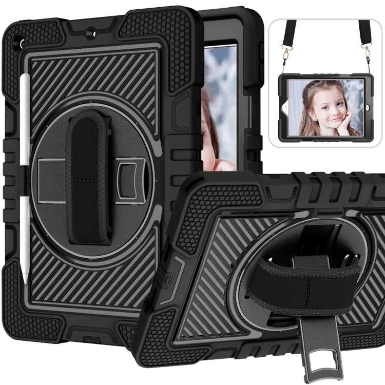 For iPad 10.2 2021 / 2020 / 2019 360 Degree Rotation Contrast Color Shockproof Silicone + PC Case with Holder & Hand Grip Strap & Shoulder Strap