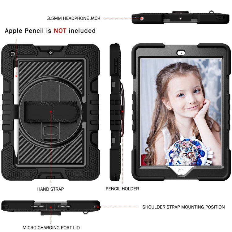 For iPad 10.2 2021 / 2020 / 2019 360 Degree Rotation Contrast Color Shockproof Silicone + PC Case with Holder & Hand Grip Strap & Shoulder Strap
