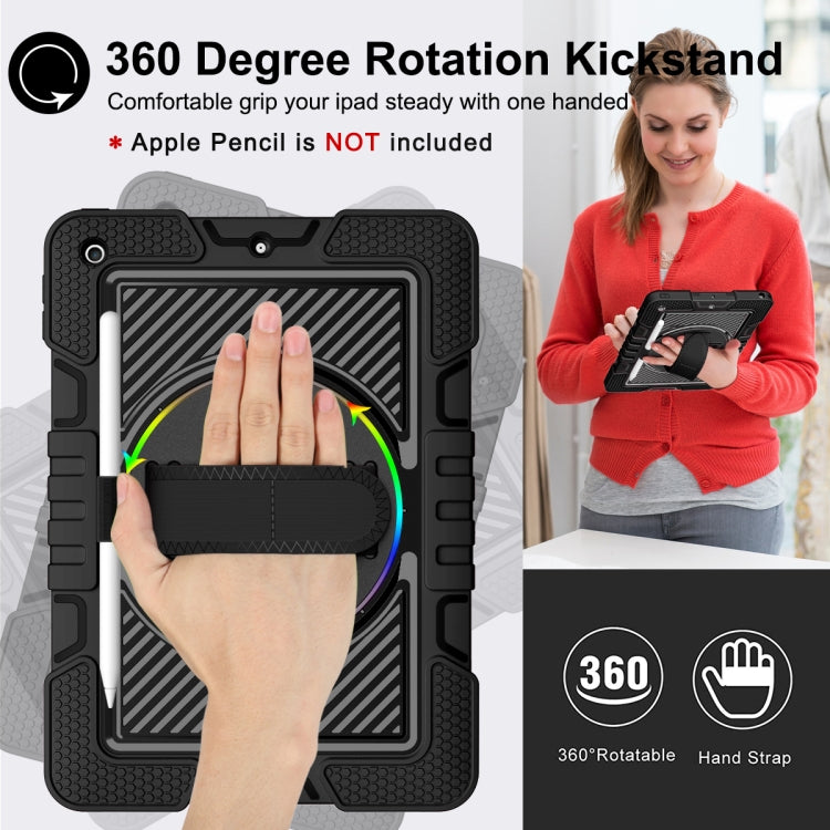 For iPad 10.2 2021 / 2020 / 2019 360 Degree Rotation Contrast Color Shockproof Silicone + PC Case with Holder & Hand Grip Strap & Shoulder Strap
