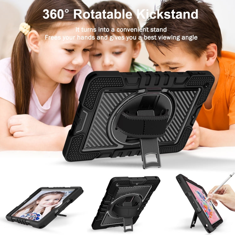 For iPad 10.2 2021 / 2020 / 2019 360 Degree Rotation Contrast Color Shockproof Silicone + PC Case with Holder & Hand Grip Strap & Shoulder Strap