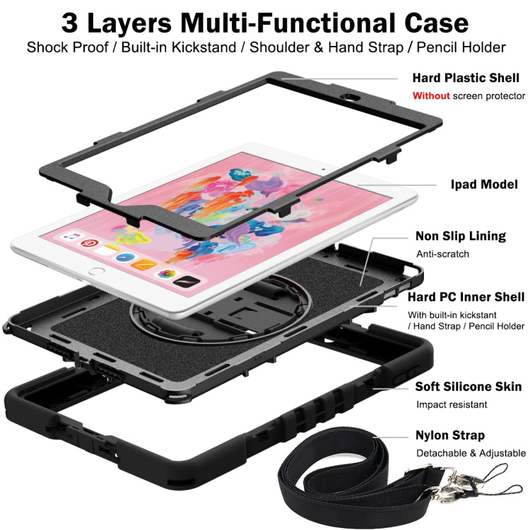 For iPad 10.2 2021 / 2020 / 2019 360 Degree Rotation Contrast Color Shockproof Silicone + PC Case with Holder & Hand Grip Strap & Shoulder Strap