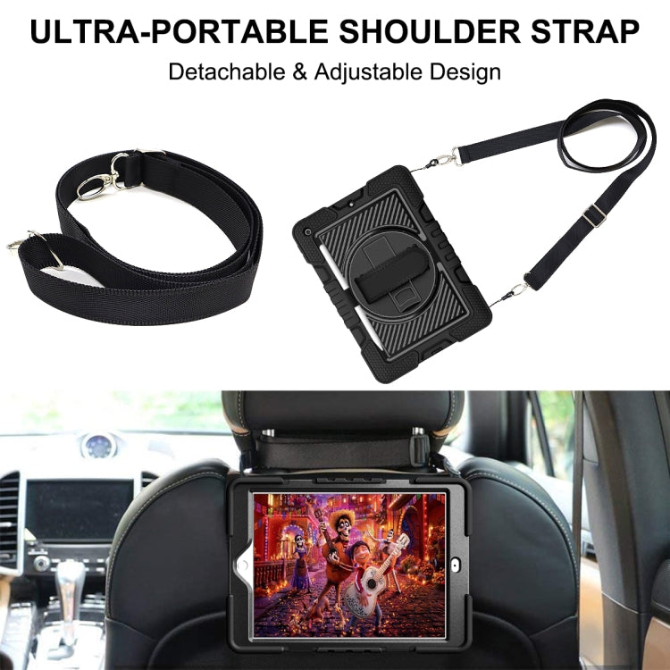 For iPad 10.2 2021 / 2020 / 2019 360 Degree Rotation Contrast Color Shockproof Silicone + PC Case with Holder & Hand Grip Strap & Shoulder Strap
