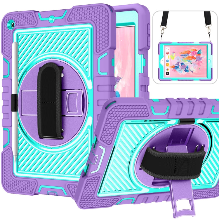 For iPad 10.2 2021 / 2020 / 2019 360 Degree Rotation Contrast Color Shockproof Silicone + PC Case with Holder & Hand Grip Strap & Shoulder Strap
