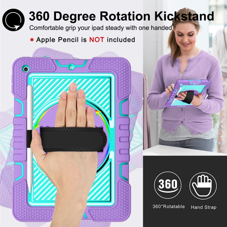 For iPad 10.2 2021 / 2020 / 2019 360 Degree Rotation Contrast Color Shockproof Silicone + PC Case with Holder & Hand Grip Strap & Shoulder Strap