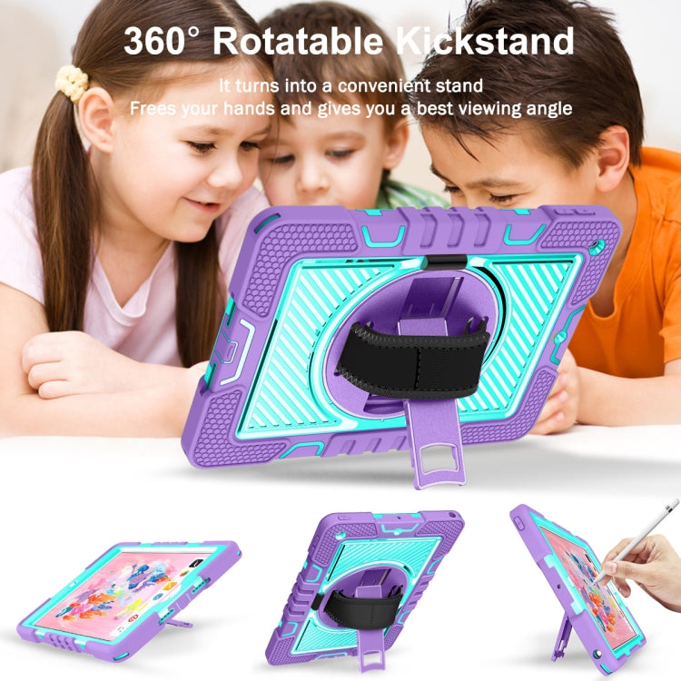 For iPad 10.2 2021 / 2020 / 2019 360 Degree Rotation Contrast Color Shockproof Silicone + PC Case with Holder & Hand Grip Strap & Shoulder Strap