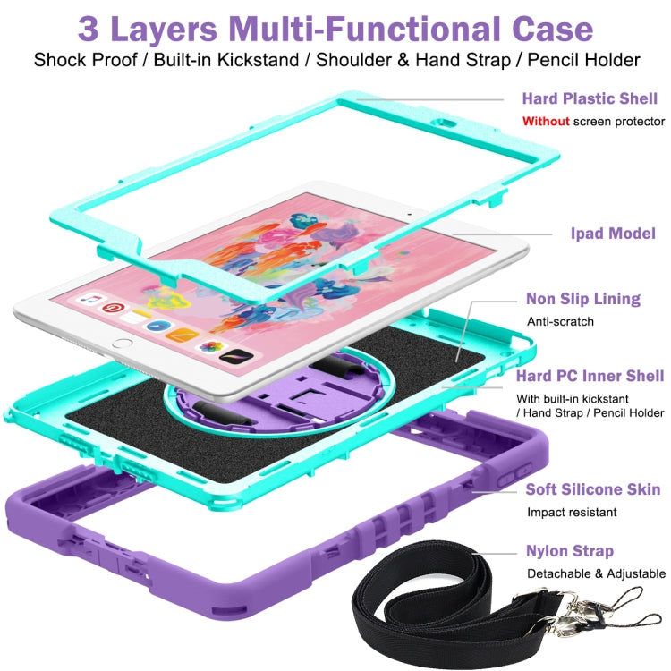 For iPad 10.2 2021 / 2020 / 2019 360 Degree Rotation Contrast Color Shockproof Silicone + PC Case with Holder & Hand Grip Strap & Shoulder Strap