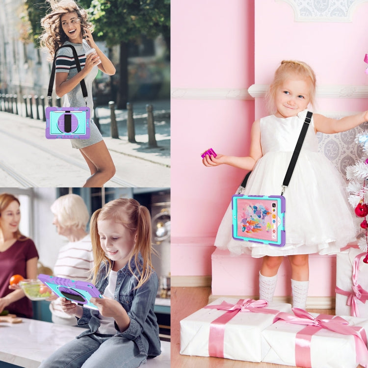 For iPad 10.2 2021 / 2020 / 2019 360 Degree Rotation Contrast Color Shockproof Silicone + PC Case with Holder & Hand Grip Strap & Shoulder Strap