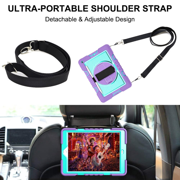 For iPad 10.2 2021 / 2020 / 2019 360 Degree Rotation Contrast Color Shockproof Silicone + PC Case with Holder & Hand Grip Strap & Shoulder Strap
