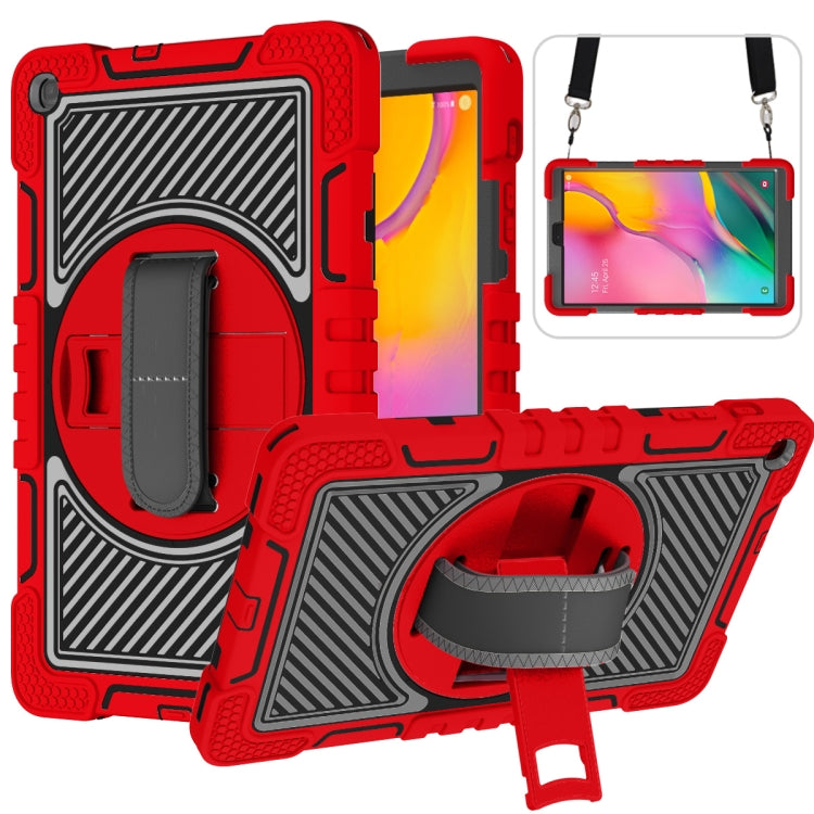 For Samsung Galaxy Tab A 10.1 2019 T515 360 Degree Rotation Contrast Color Shockproof Silicone + PC Case with Holder & Hand Grip Strap & Shoulder Strap