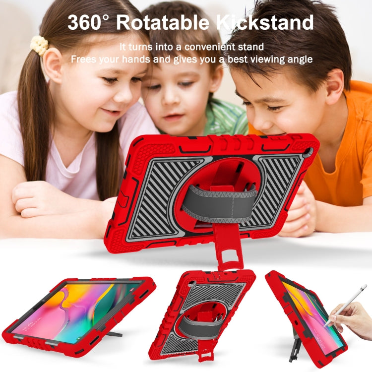 For Samsung Galaxy Tab A 10.1 2019 T515 360 Degree Rotation Contrast Color Shockproof Silicone + PC Case with Holder & Hand Grip Strap & Shoulder Strap