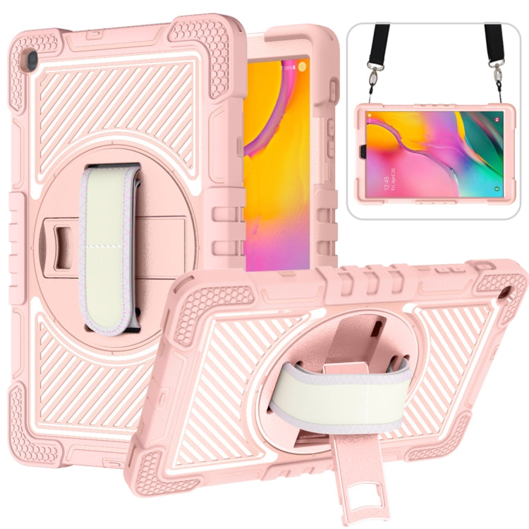 For Samsung Galaxy Tab A 10.1 2019 T515 360 Degree Rotation Contrast Color Shockproof Silicone + PC Case with Holder & Hand Grip Strap & Shoulder Strap