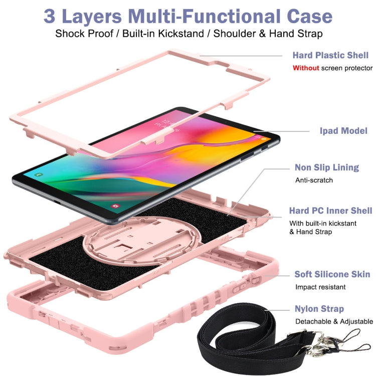 For Samsung Galaxy Tab A 10.1 2019 T515 360 Degree Rotation Contrast Color Shockproof Silicone + PC Case with Holder & Hand Grip Strap & Shoulder Strap