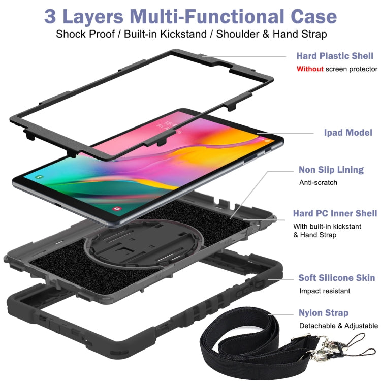 For Samsung Galaxy Tab A 10.1 2019 T515 360 Degree Rotation Contrast Color Shockproof Silicone + PC Case with Holder & Hand Grip Strap & Shoulder Strap