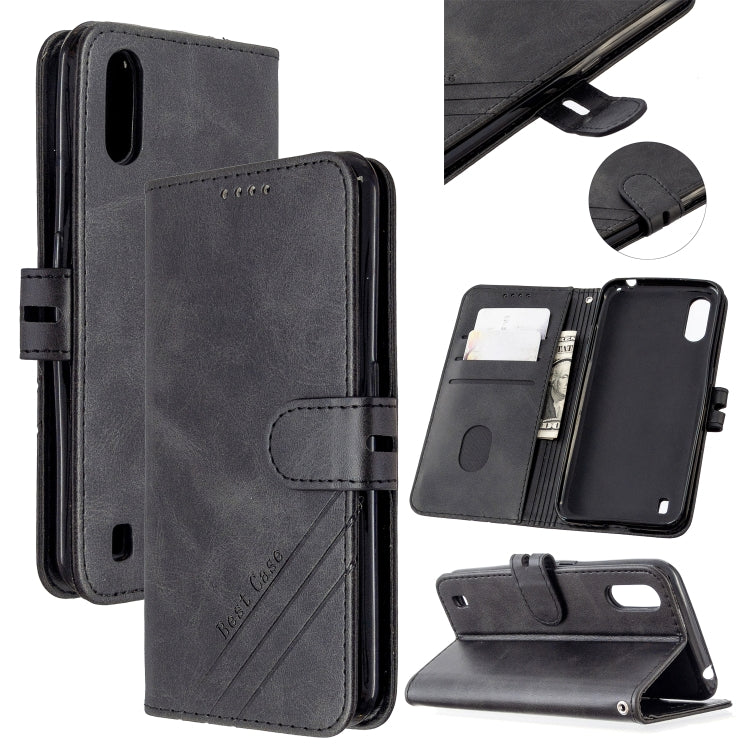 For Samsung Galaxy A01 Stitching Style 2-Color Cow Texture Horizontal Flip PU Leather Case with Holder & Card Slot & Lanyard