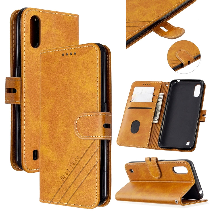 For Samsung Galaxy A01 Stitching Style 2-Color Cow Texture Horizontal Flip PU Leather Case with Holder & Card Slot & Lanyard