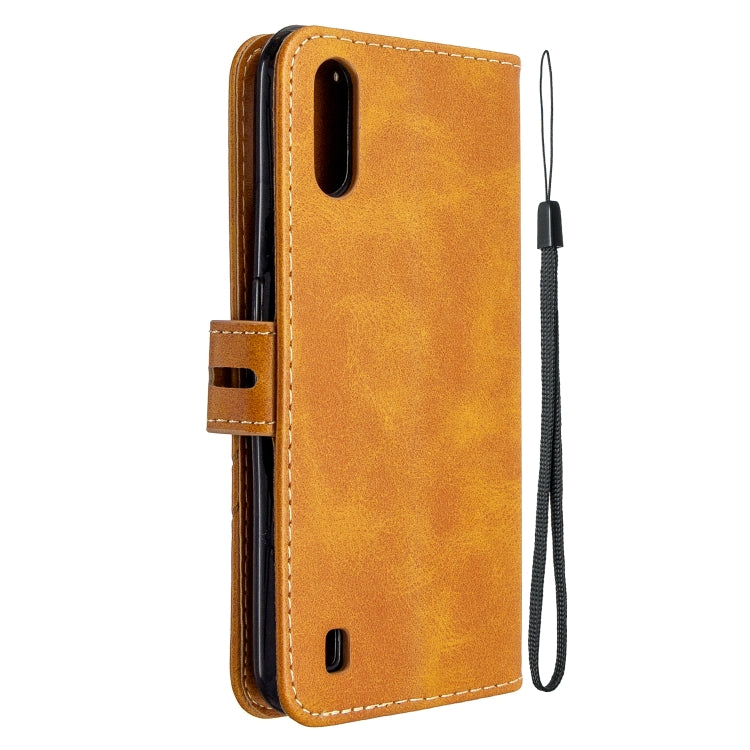For Samsung Galaxy A01 Stitching Style 2-Color Cow Texture Horizontal Flip PU Leather Case with Holder & Card Slot & Lanyard