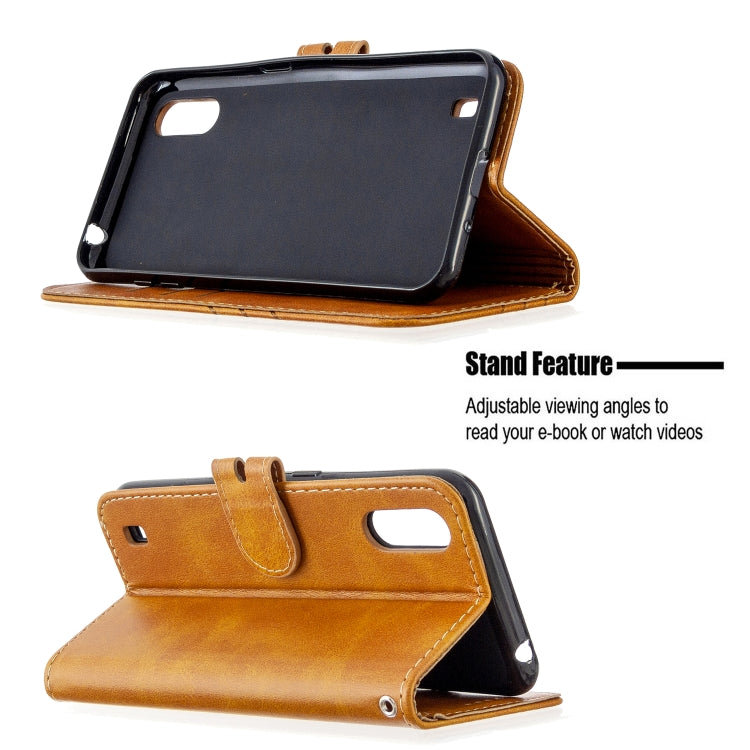 For Samsung Galaxy A01 Stitching Style 2-Color Cow Texture Horizontal Flip PU Leather Case with Holder & Card Slot & Lanyard