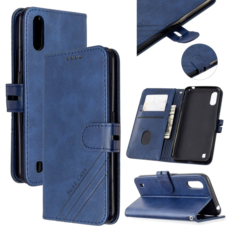 For Samsung Galaxy A01 Stitching Style 2-Color Cow Texture Horizontal Flip PU Leather Case with Holder & Card Slot & Lanyard