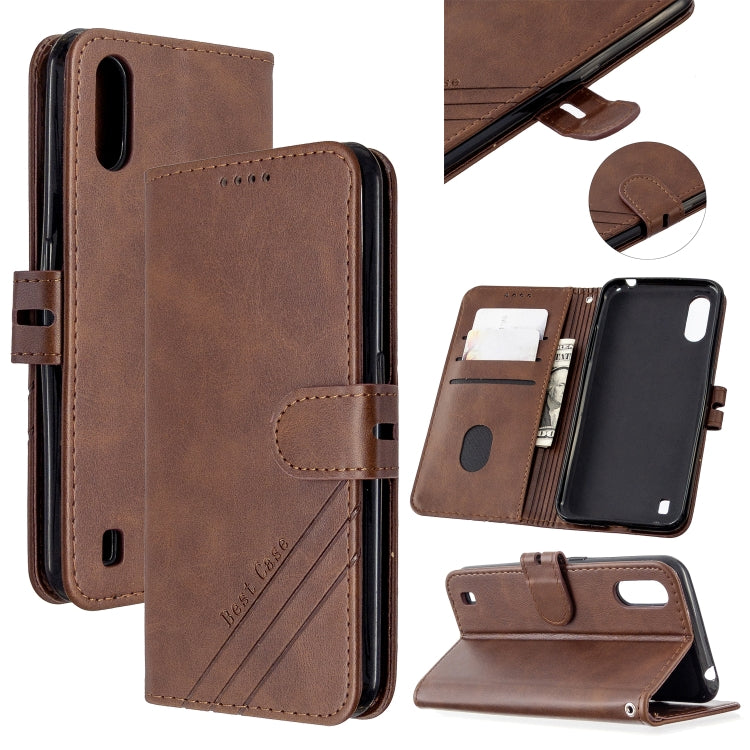 For Samsung Galaxy A01 Stitching Style 2-Color Cow Texture Horizontal Flip PU Leather Case with Holder & Card Slot & Lanyard