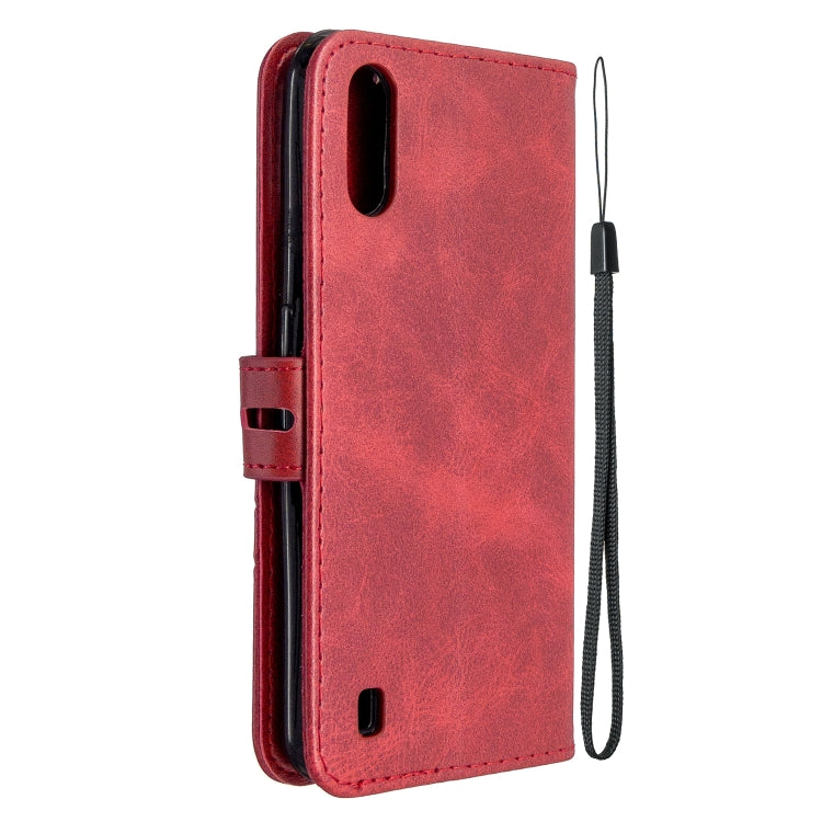 For Samsung Galaxy A01 Stitching Style 2-Color Cow Texture Horizontal Flip PU Leather Case with Holder & Card Slot & Lanyard
