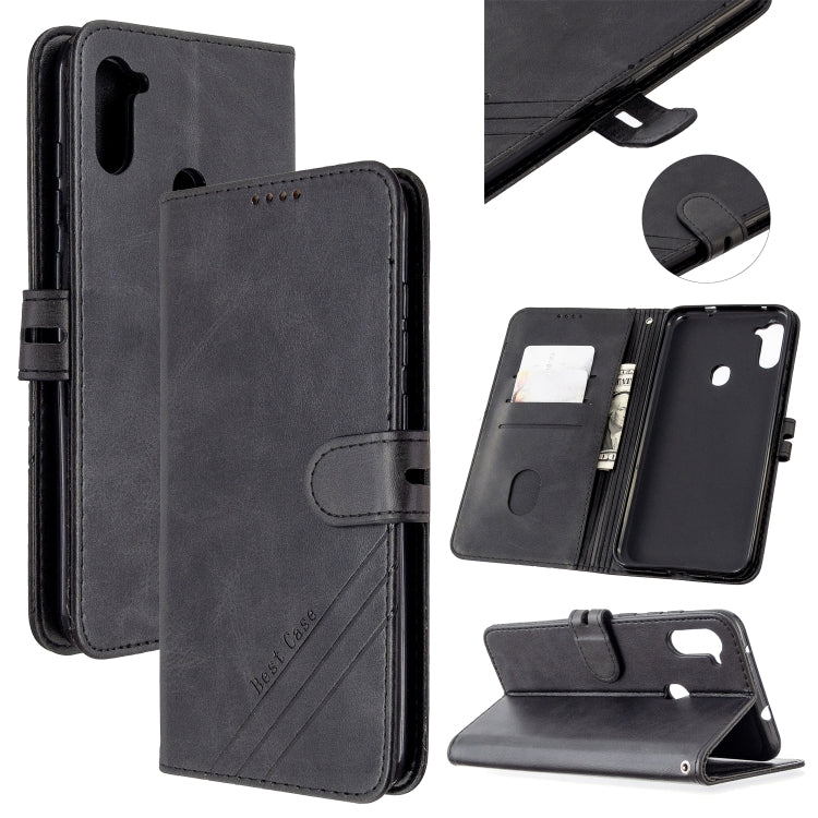 For Samsung Galaxy A11 Stitching Style 2-Color Cow Texture Horizontal Flip PU Leather Case with Holder & Card Slot & Lanyard