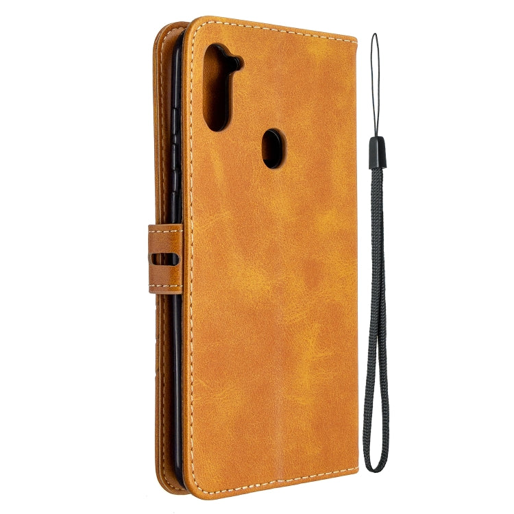 For Samsung Galaxy A11 Stitching Style 2-Color Cow Texture Horizontal Flip PU Leather Case with Holder & Card Slot & Lanyard