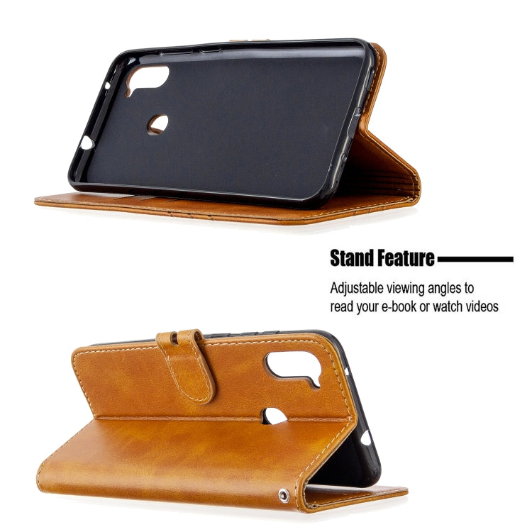 For Samsung Galaxy A11 Stitching Style 2-Color Cow Texture Horizontal Flip PU Leather Case with Holder & Card Slot & Lanyard