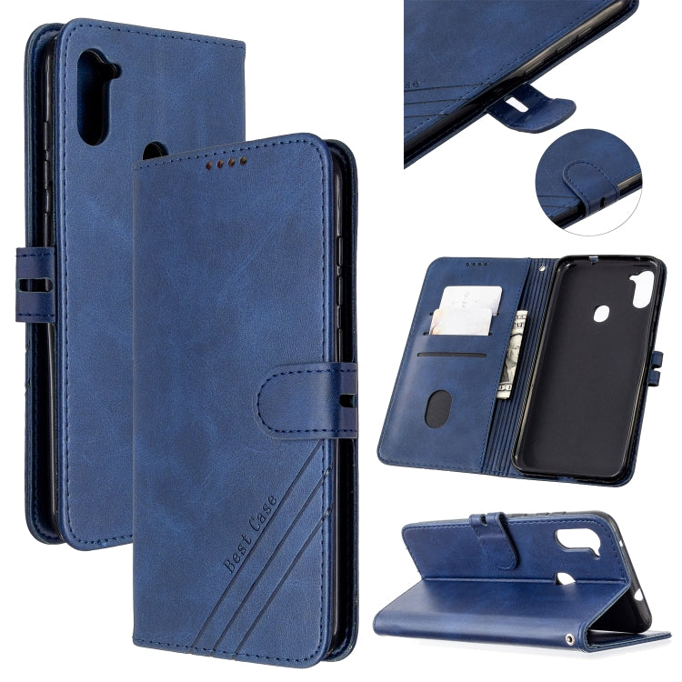 For Samsung Galaxy A11 Stitching Style 2-Color Cow Texture Horizontal Flip PU Leather Case with Holder & Card Slot & Lanyard