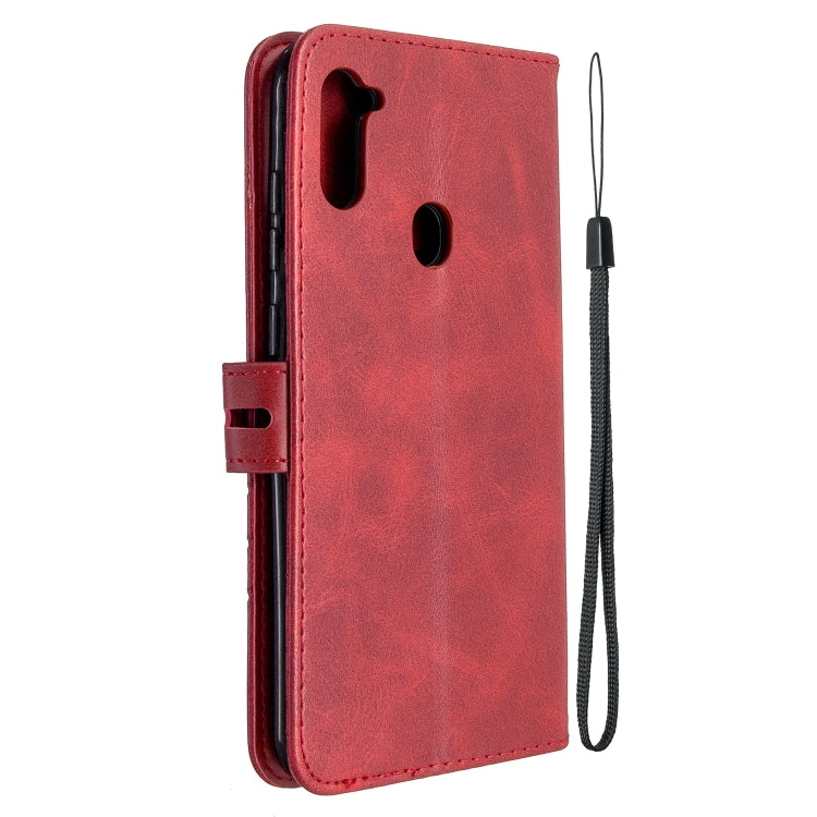 For Samsung Galaxy A11 Stitching Style 2-Color Cow Texture Horizontal Flip PU Leather Case with Holder & Card Slot & Lanyard