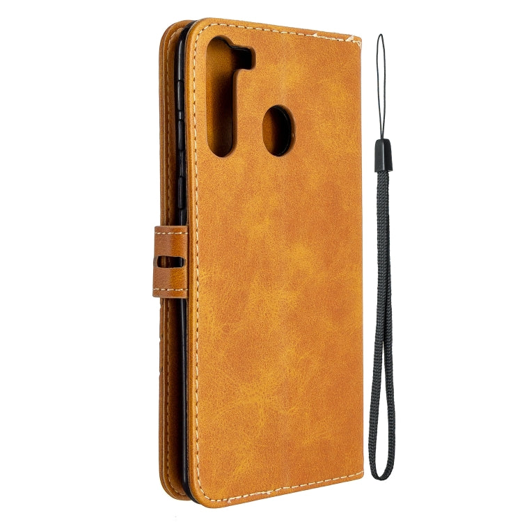 For Samsung Galaxy A21 Stitching Style 2-Color Cow Texture Horizontal Flip PU Leather Case with Holder & Card Slot & Lanyard