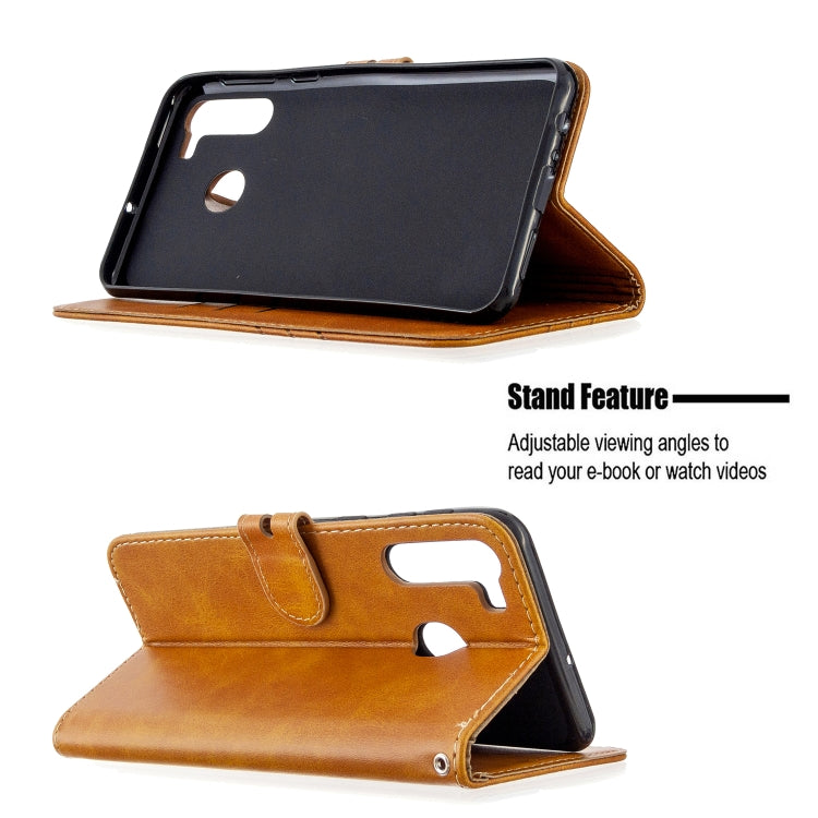 For Samsung Galaxy A21 Stitching Style 2-Color Cow Texture Horizontal Flip PU Leather Case with Holder & Card Slot & Lanyard
