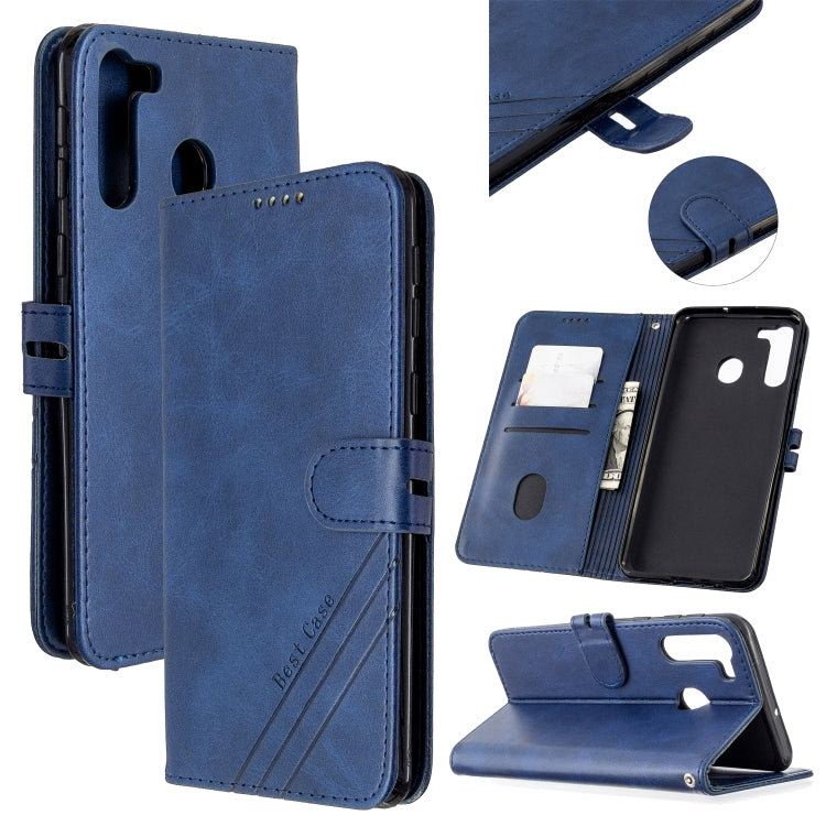 For Samsung Galaxy A21 Stitching Style 2-Color Cow Texture Horizontal Flip PU Leather Case with Holder & Card Slot & Lanyard