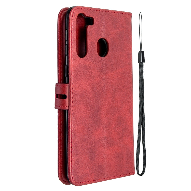 For Samsung Galaxy A21 Stitching Style 2-Color Cow Texture Horizontal Flip PU Leather Case with Holder & Card Slot & Lanyard