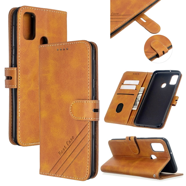 For Samsung Galaxy A21s Stitching Style 2-Color Cow Texture Horizontal Flip PU Leather Case with Holder & Card Slot & Lanyard