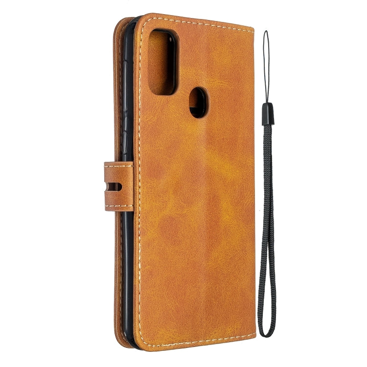 For Samsung Galaxy A21s Stitching Style 2-Color Cow Texture Horizontal Flip PU Leather Case with Holder & Card Slot & Lanyard