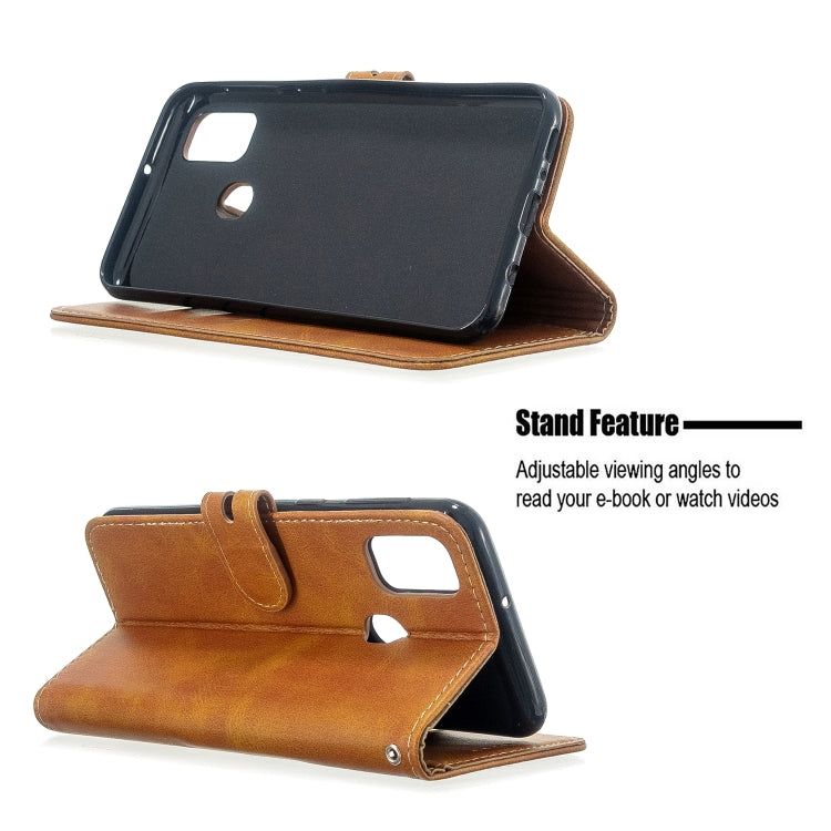 For Samsung Galaxy A21s Stitching Style 2-Color Cow Texture Horizontal Flip PU Leather Case with Holder & Card Slot & Lanyard