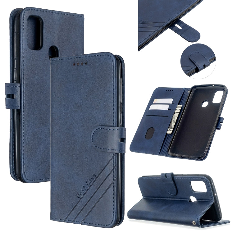 For Samsung Galaxy A21s Stitching Style 2-Color Cow Texture Horizontal Flip PU Leather Case with Holder & Card Slot & Lanyard