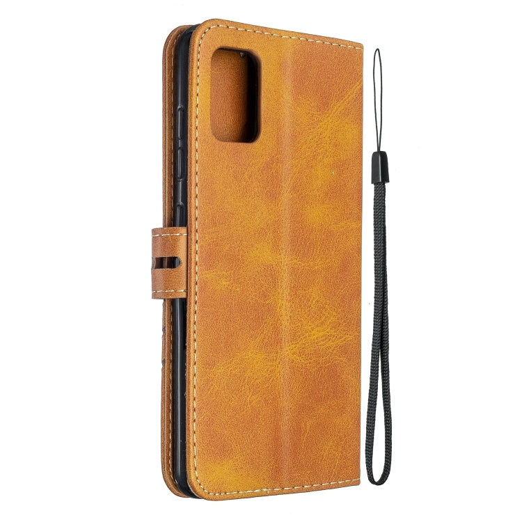 For Samsung Galaxy A41 Stitching Style 2-Color Cow Texture Horizontal Flip PU Leather Case with Holder & Card Slot & Lanyard
