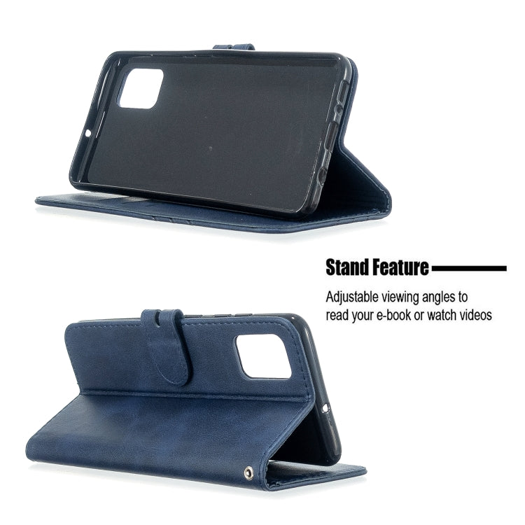 For Samsung Galaxy A41 Stitching Style 2-Color Cow Texture Horizontal Flip PU Leather Case with Holder & Card Slot & Lanyard