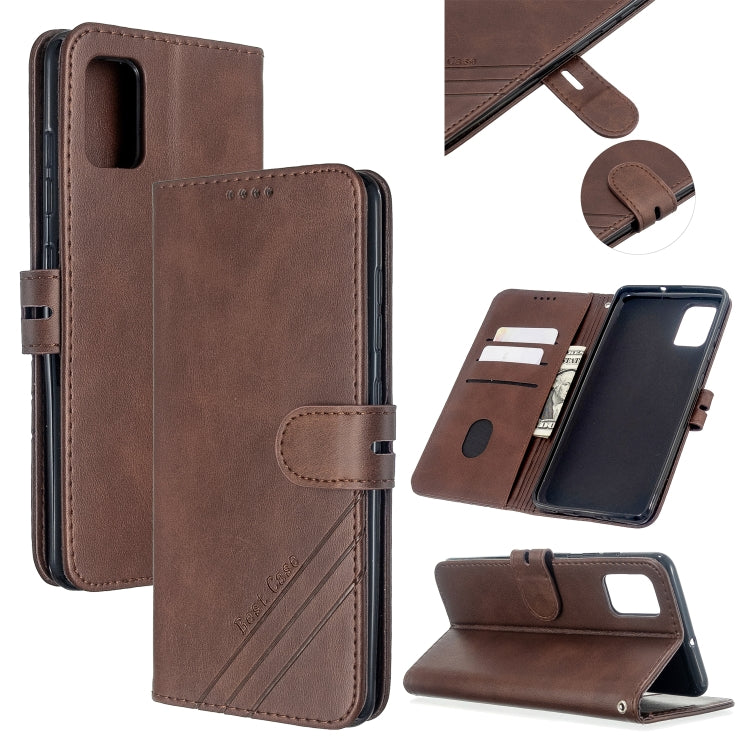 For Samsung Galaxy A41 Stitching Style 2-Color Cow Texture Horizontal Flip PU Leather Case with Holder & Card Slot & Lanyard