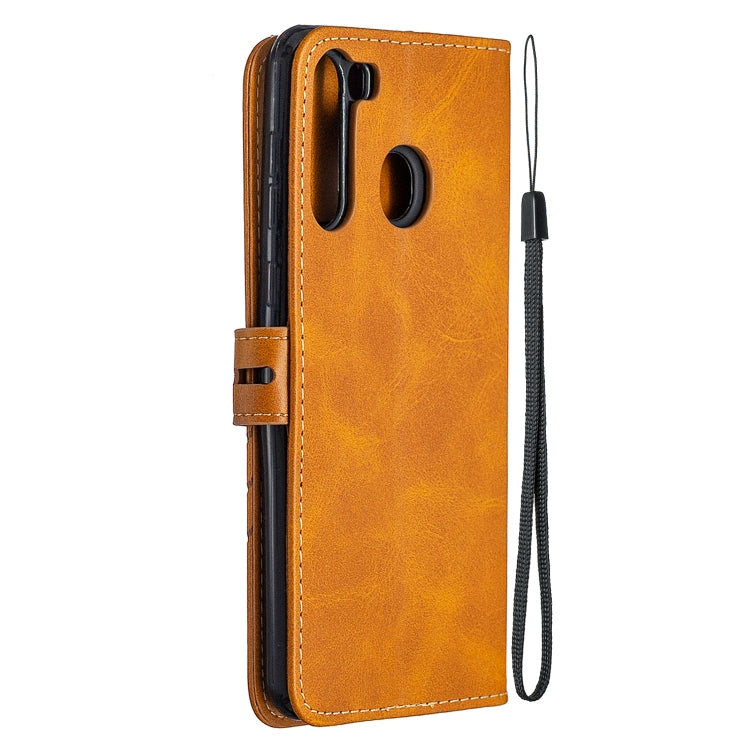 For Samsung Galaxy A21 US Version Stitching Style 2-Color Cow Texture Horizontal Flip PU Leather Case with Holder & Card Slot & Lanyard