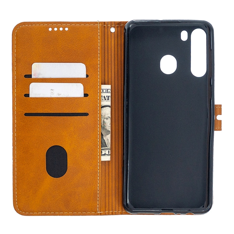 For Samsung Galaxy A21 US Version Stitching Style 2-Color Cow Texture Horizontal Flip PU Leather Case with Holder & Card Slot & Lanyard