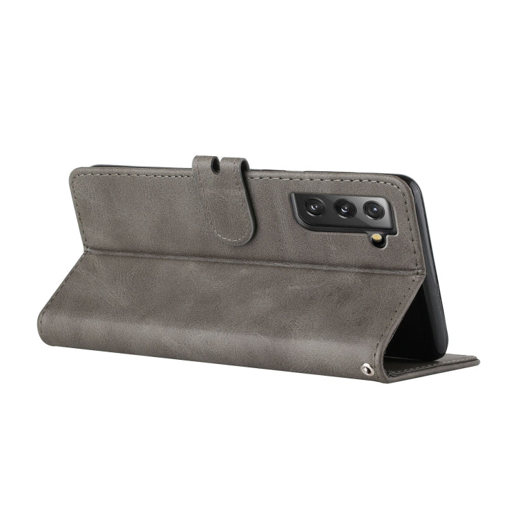 For Samsung Galaxy S21 FE 5G Stitching Style 2-Color Cow Texture Horizontal Flip PU Leather Case with Holder & Card Slot & Lanyard