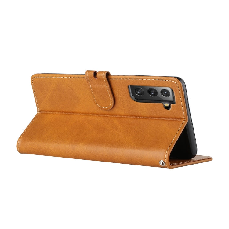 For Samsung Galaxy S21 FE 5G Stitching Style 2-Color Cow Texture Horizontal Flip PU Leather Case with Holder & Card Slot & Lanyard