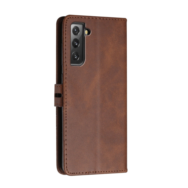 For Samsung Galaxy S21 FE 5G Stitching Style 2-Color Cow Texture Horizontal Flip PU Leather Case with Holder & Card Slot & Lanyard