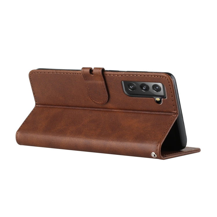 For Samsung Galaxy S21 FE 5G Stitching Style 2-Color Cow Texture Horizontal Flip PU Leather Case with Holder & Card Slot & Lanyard